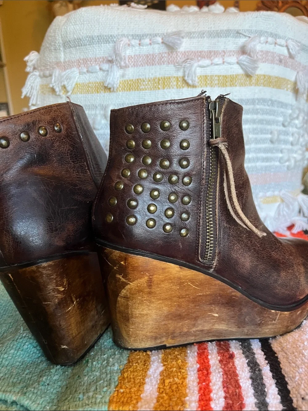 Bed Stu Brown Leather Studded Wedge Ankle Boots